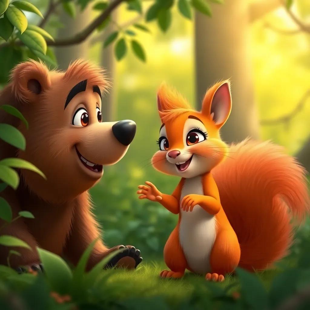 A playful squirrel named Lila, bright orange fur and shiny eyes, chatting with Tito the bear, surrounded by green forest, playful, warm colors, engaging scene
