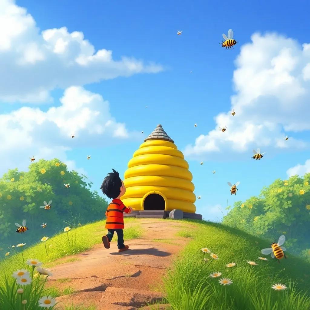 Tito reaching the golden beehive on the hill, with bees buzzing around, feeling a mix of excitement and nervousness, colorful, sunny day, imaginative, high quality