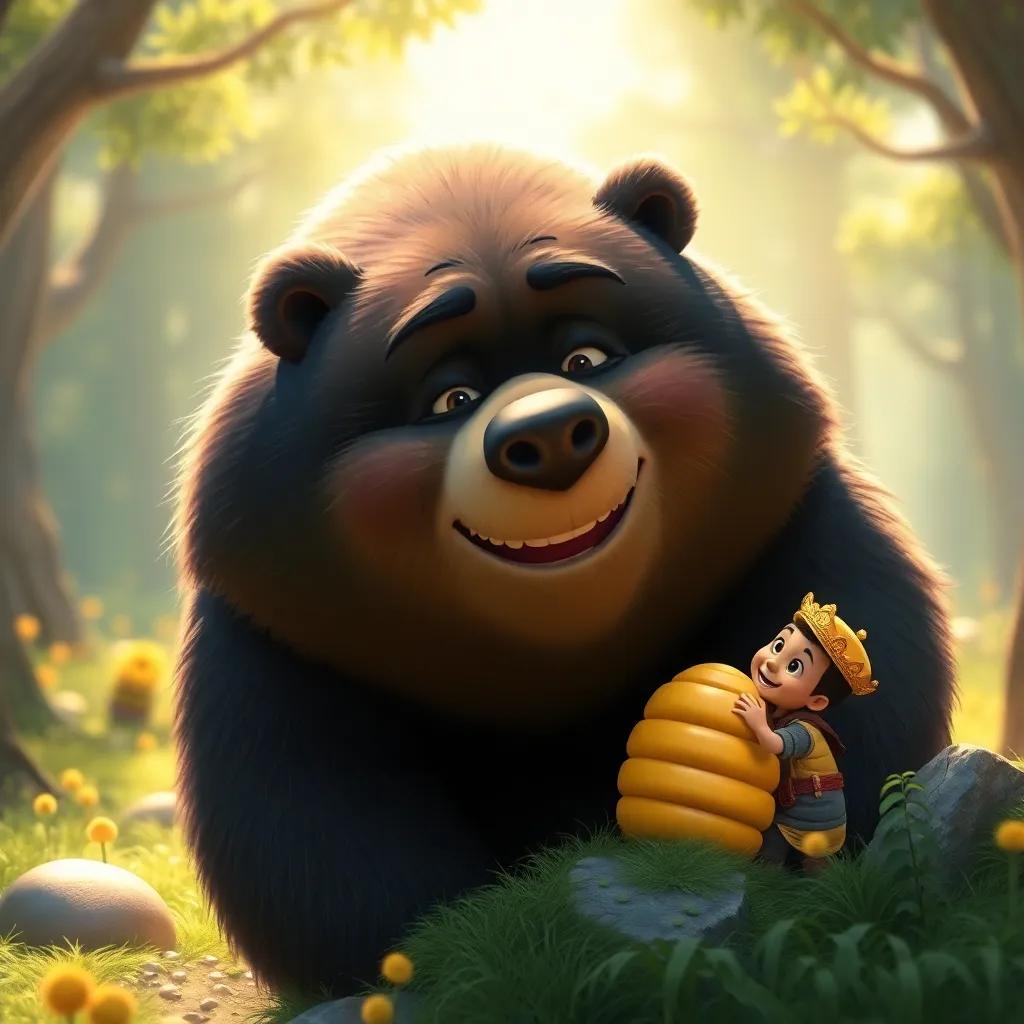 A friendly big bear named Bruno, large and strong with shiny black fur, smiling and helping Tito reach the beehive, warm light, friendly atmosphere, adventure-filled