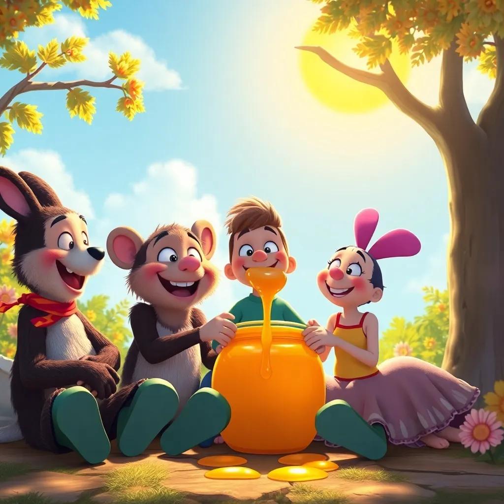 Tito, Bruno, and Lila sitting together under the sunny sky, sharing honey from a big jar, joyful expressions and vibrant surroundings, cozy scene, high quality