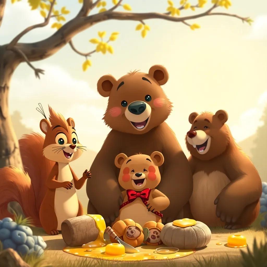 Tito, a little brown bear with a red bow, surrounded by his new friends, Lila the squirrel and Bruno the big bear, enjoying honey under the sun, warm, happy gathering, high quality