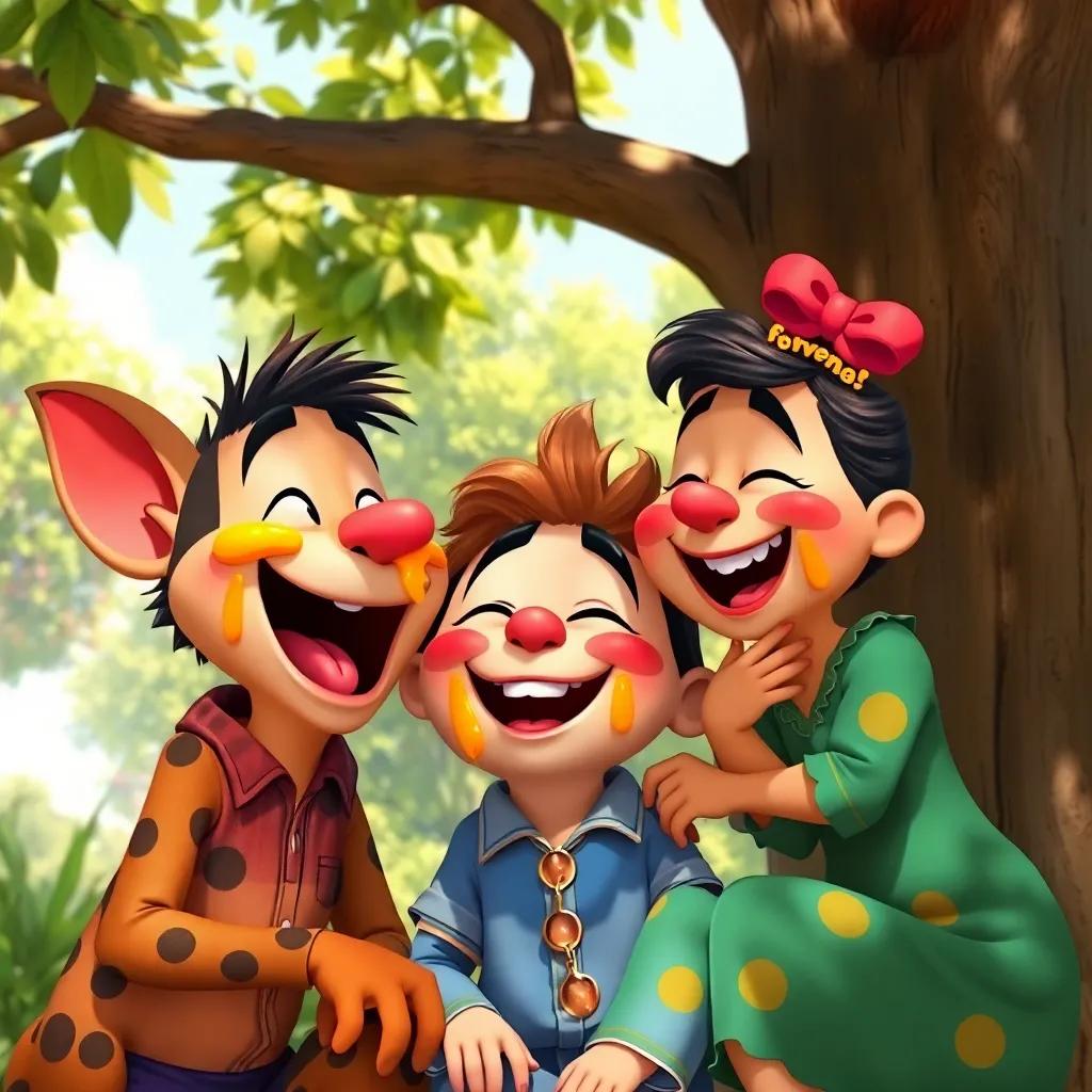 A heartwarming scene of Tito, Bruno, and Lila laughing together with honey smeared on their faces under a sunny tree, colorful, cheerful, inviting atmosphere, high quality