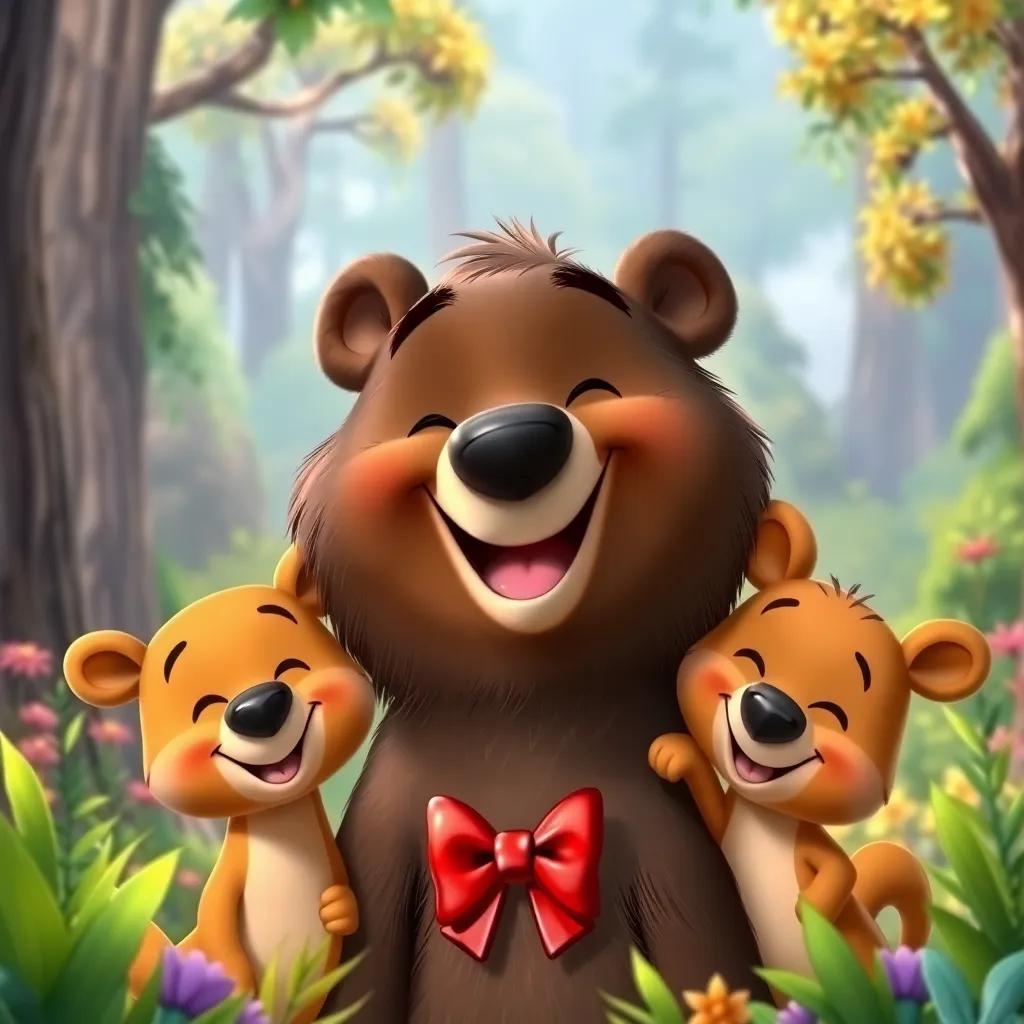Tito the bear with his red bow, smiling happily with his new friends, surrounded by the beautiful forest, colorful and vibrant, celebrating friendship, high quality