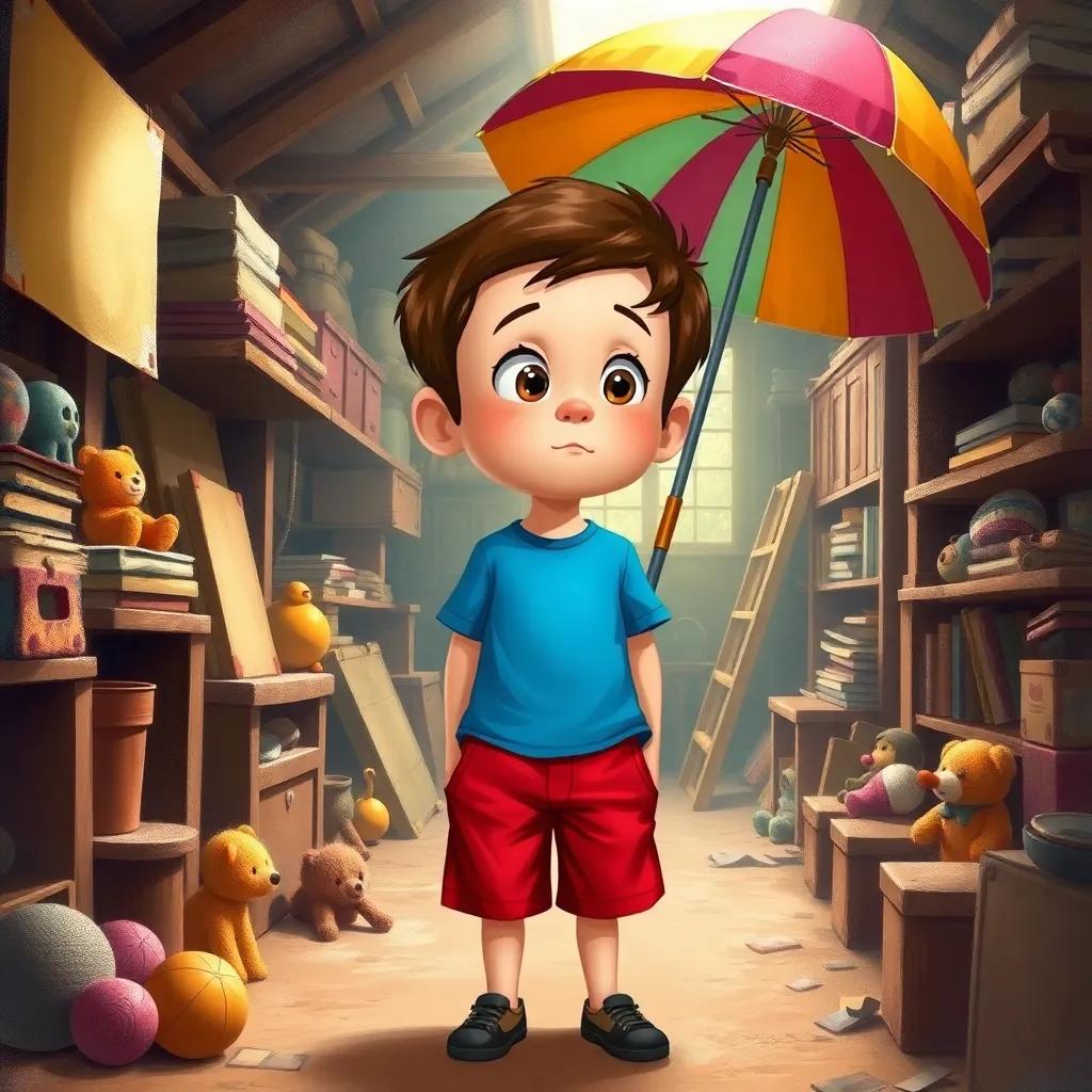 A curious boy, Simón, with short brown hair, wearing a bright blue t-shirt and red shorts, standing in a dusty attic filled with old toys and books, gazing at a colorful striped umbrella, digital art, warm atmosphere, soft light, inviting colors, high quality