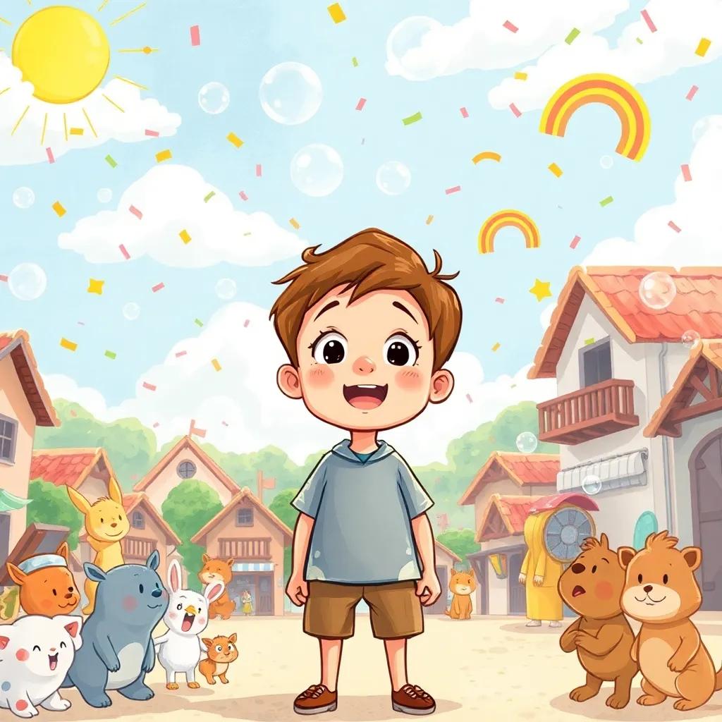 A surprised boy, Simón, with short brown hair, standing happily under a shower of soap bubbles, confetti, and tiny rainbows in a sunny village, surrounded by amazed animals and townspeople, illustration, joyful, magical theme, child-friendly