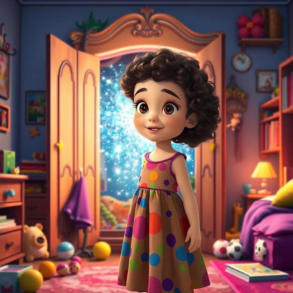 A young girl, Valeria, with curly brown hair, wearing a colorful dress, standing in her bedroom, amazed by a sparkling magical portal opening in her wardrobe, surrounded by toys and books, digital art, bright and enchanting, whimsical atmosphere, high quality