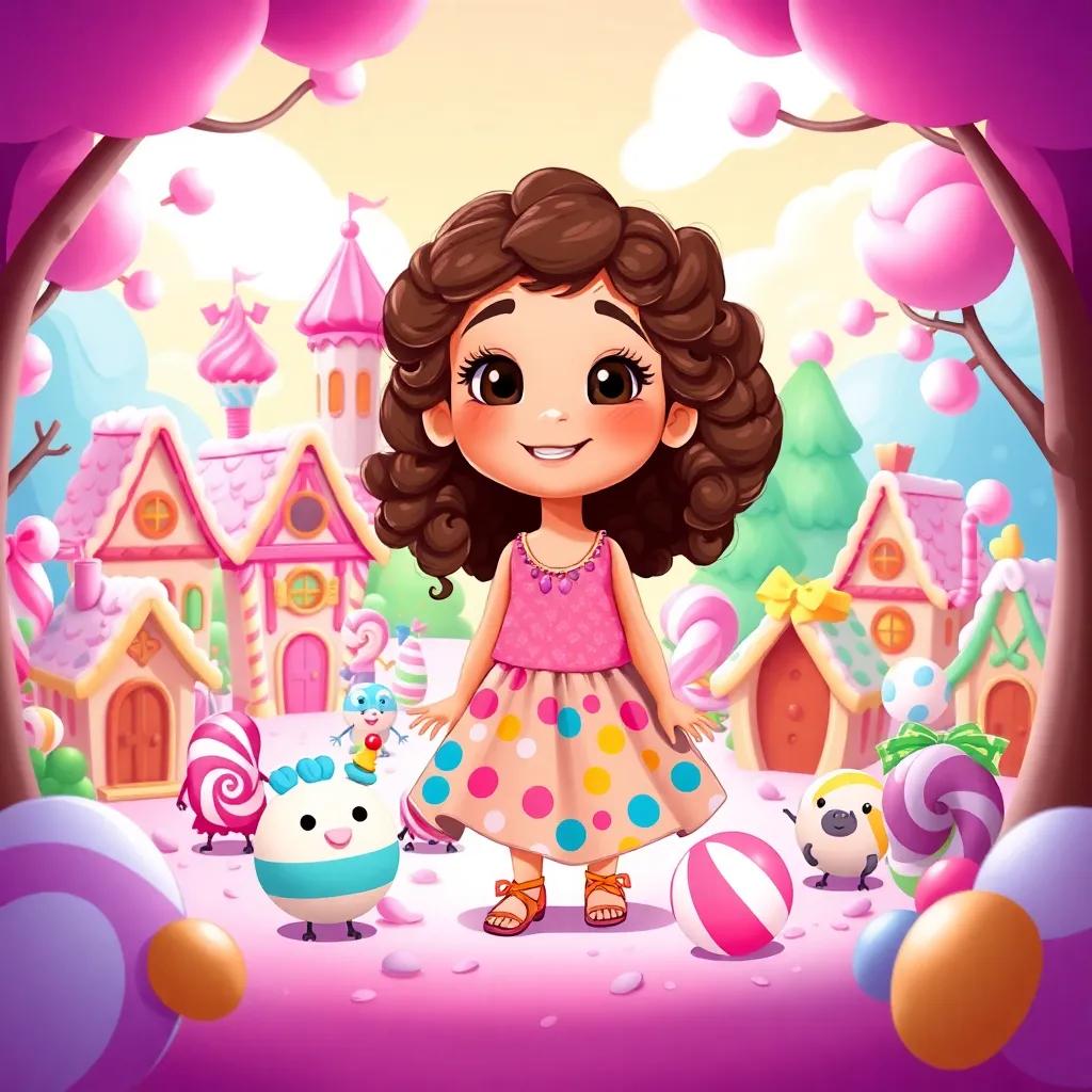 Valeria, a young girl with curly brown hair in a colorful dress, playing with candy friends in a whimsical candy city, surrounded by chocolate houses and cotton candy trees, illustration, vibrant colors, cheerful, adventure-themed, child-friendly