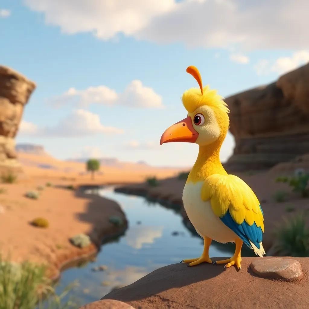 Un pato curioso, Pablo, con plumas amarillas y un pico naranja, mirando hacia el horizonte desde un pequeño estanque, paisajes serenos, colores cálidos, alegre perspectiva, detalle infantil, arte digital