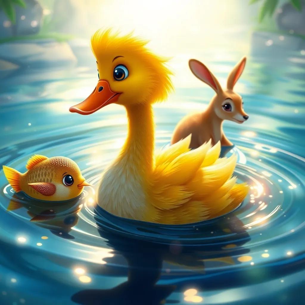 Pablo, el pato, con plumas amarillas nadando en un río brillante, rodeado de un pez dorado y una rana, naturaleza vibrante, emocionante atmósfera, ilustración colorida
