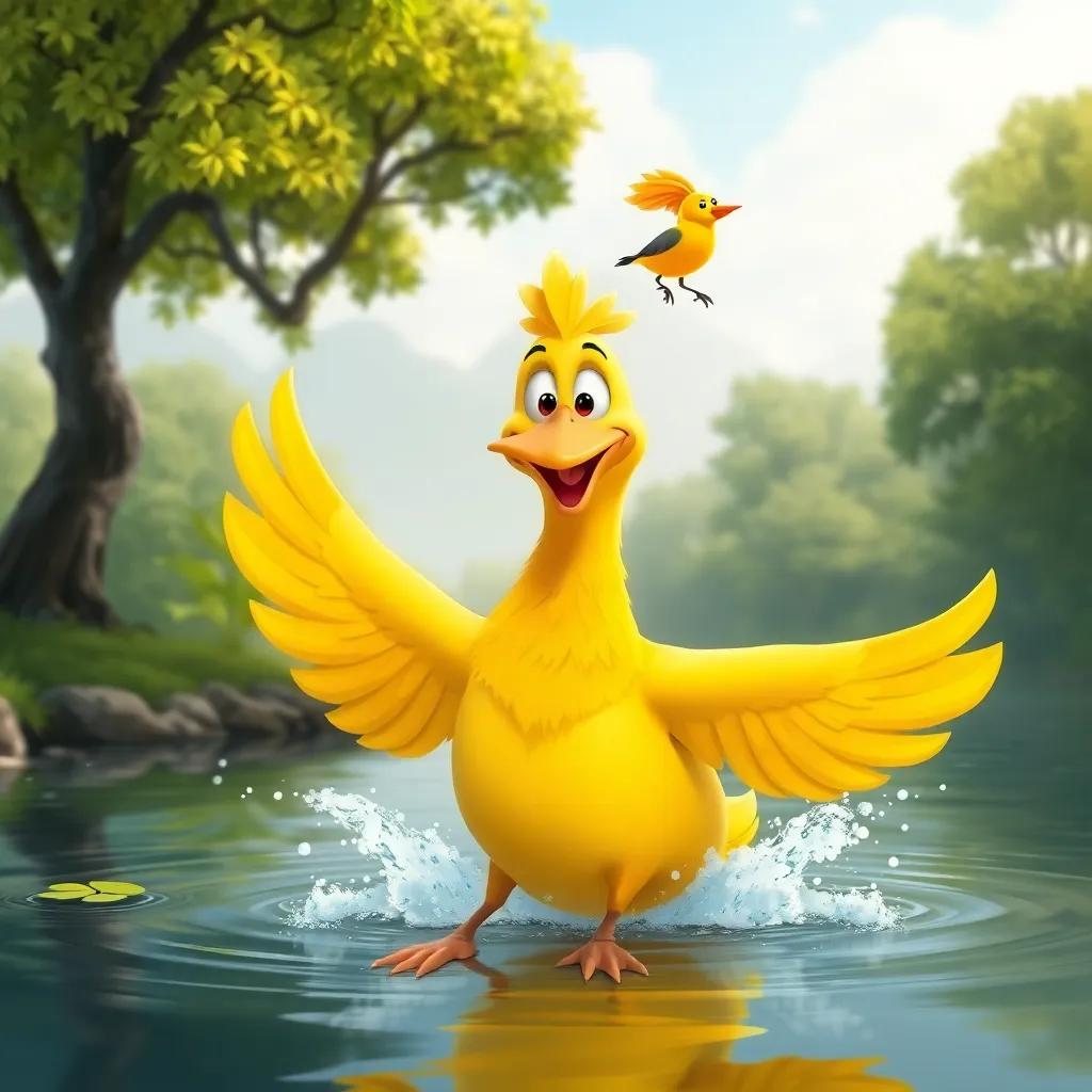 Un pato, Pablo, con plumas amarillas y un pico naranja, saltando sobre el río con amigos, árboles altos y hoja murmurante, alegre y llena de vida, arte digital divertido