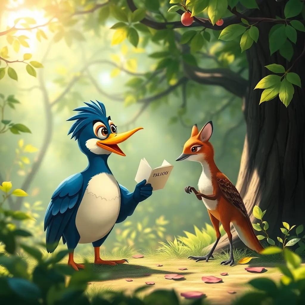Un pato valiente, Pablo, en un bosque frondoso con un ciervo contando historias, día soleado filtrándose entre las hojas, hermoso entorno, vibrante ilustración, encanto natural