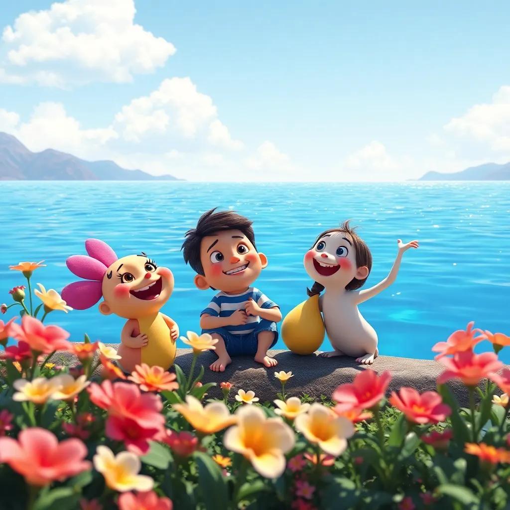 El lago lejano, con Pablo y sus amigos disfrutando de flores y risas, agua azul brillante, un ambiente de alegría, colores vibrantes, perspectiva alegre, arte digital feliz