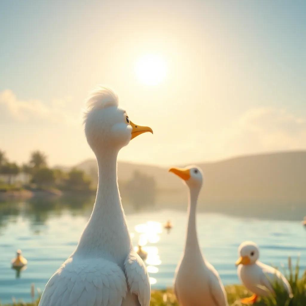 Pablo, el pato, mirando hacia el lago, con amigos alrededor en un día soleado, ambiente cálido y acogedor, atmósfera de amistad, arte digital, luz optimista