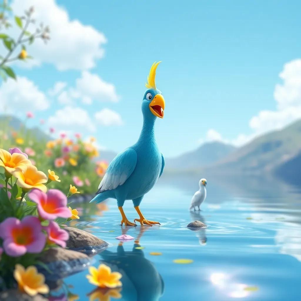 Pablo, un pato feliz, explorando el lago lejano, jugado con amigos, flores coloridas a su alrededor, día hermoso, arte digital vibrante