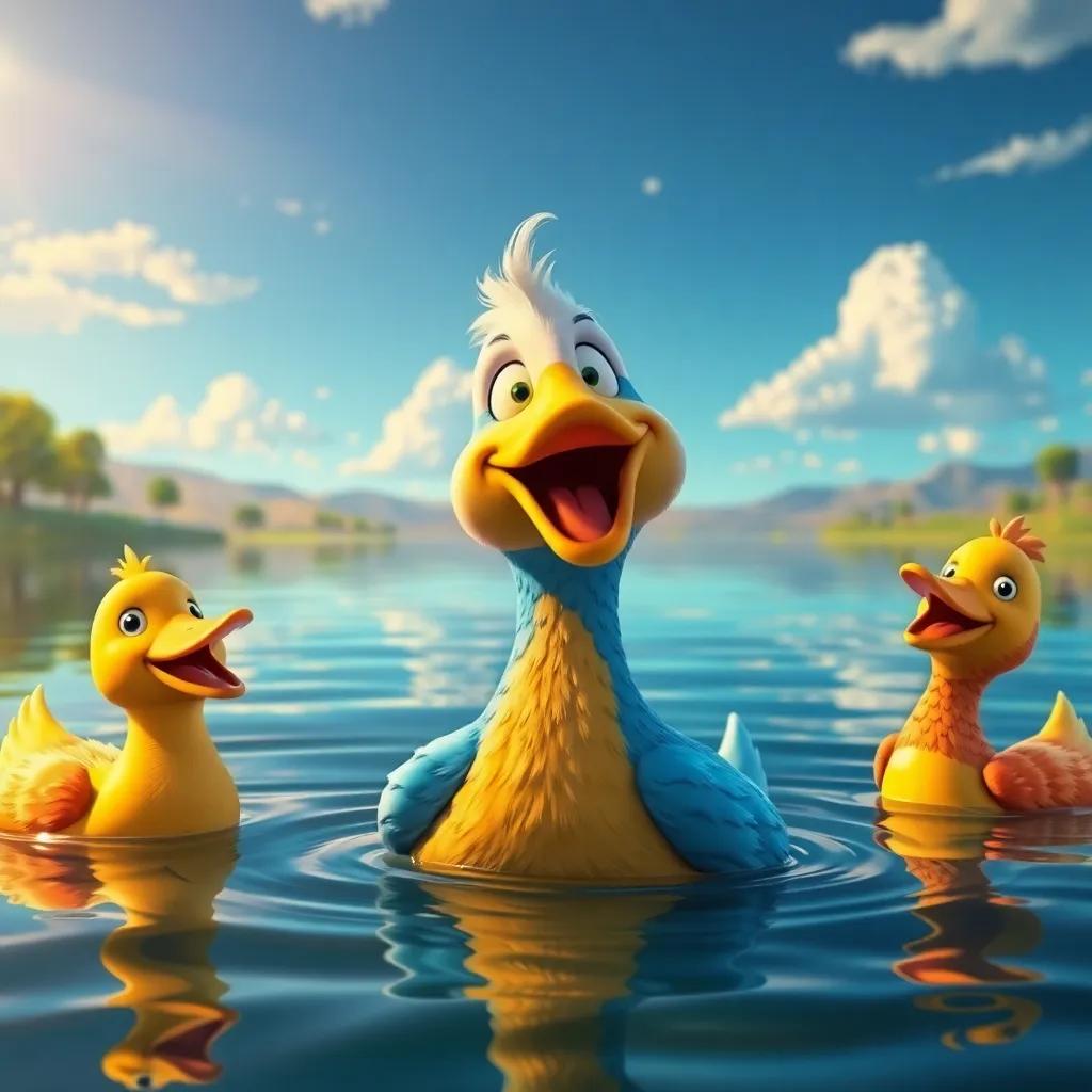 Pablo, el pato, cantando con felicidad en el lago con amigos a su lado, rodeado de un paisaje colorido y alegre, arte digital, viaje increíble, perspectiva luminosa