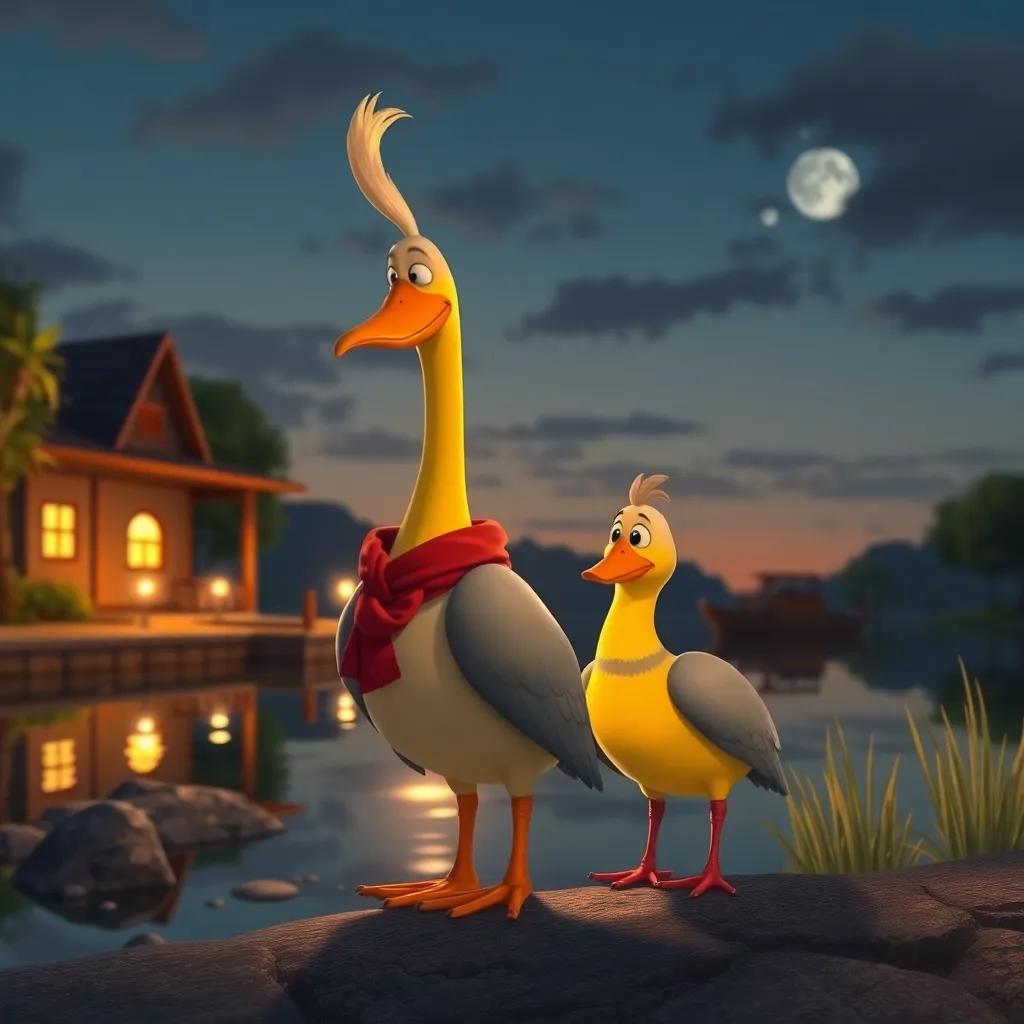 Pablo, el pato, regresando al estanque al atardecer, contando aventuras a sus amigos, imágenes de amistad y alegría, cálidas luces de atardecer, arte digital escolar