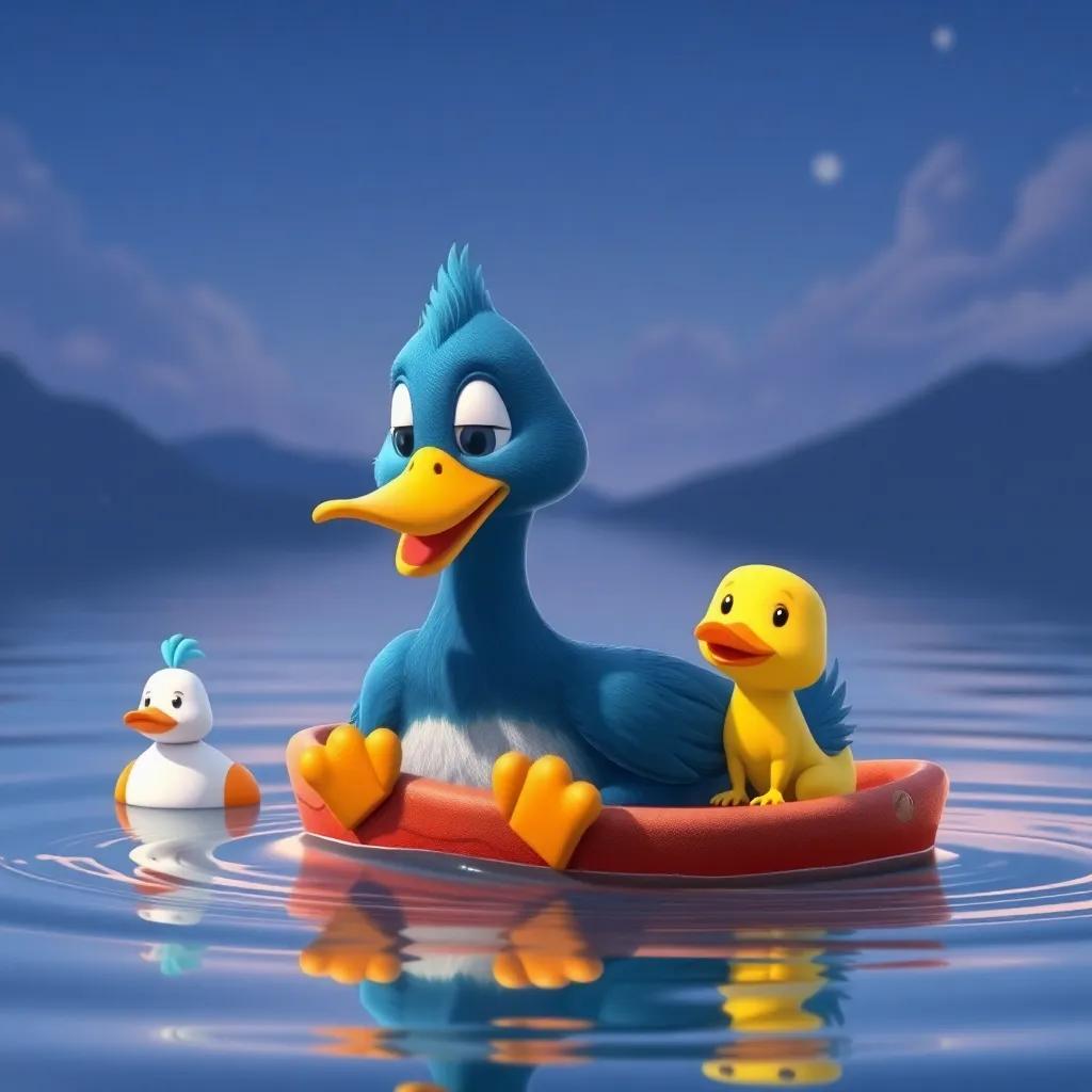 Pablo, un pato curioso, recordando sus aventuras, riendo con sus amigos en el lago, colores suaves y un entorno de felicidad, arte digital cálido