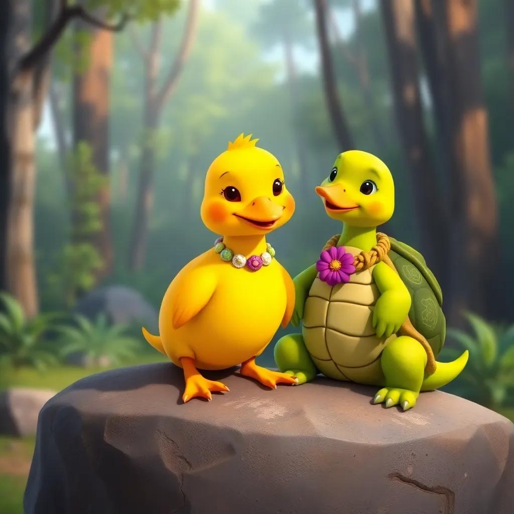 Pipo the yellow duck sitting on a rock, next to a wise turtle named Tula, wearing a flower necklace, talking and encouraging him, forest background, friendly vibe, child-friendly art, bright colors