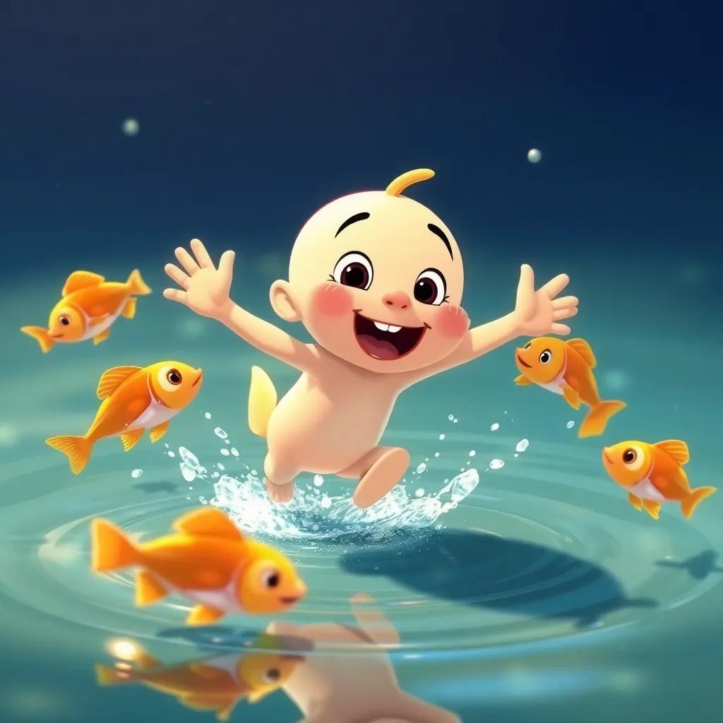 Pipo, now determined, jumping around excited by the water, playing with fish jumping beside him, sparkling water droplets, lively scene, illustration, vibrant