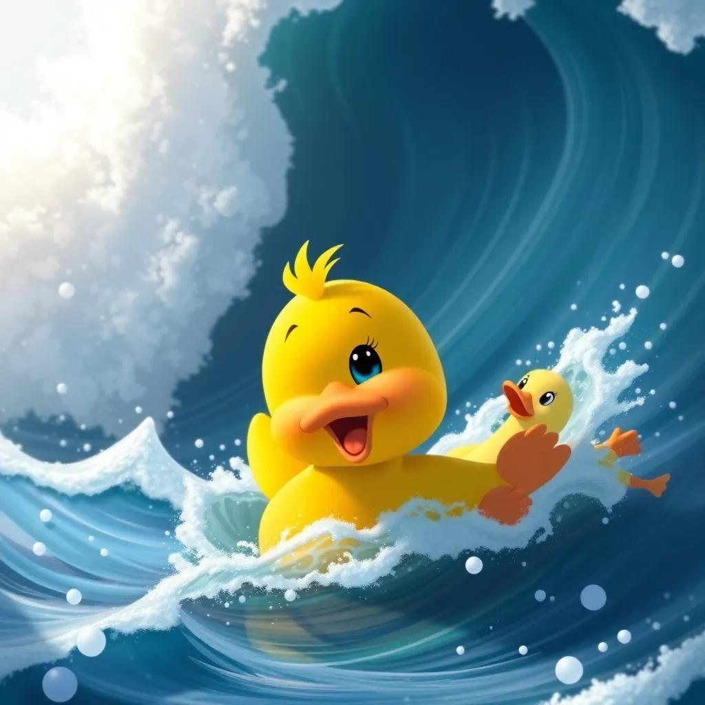 Pipo the duck bravely swimming to help his friends in distress, with strong waves around him, showing courage and friendship, heartwarming view, colorful, child-appropriate