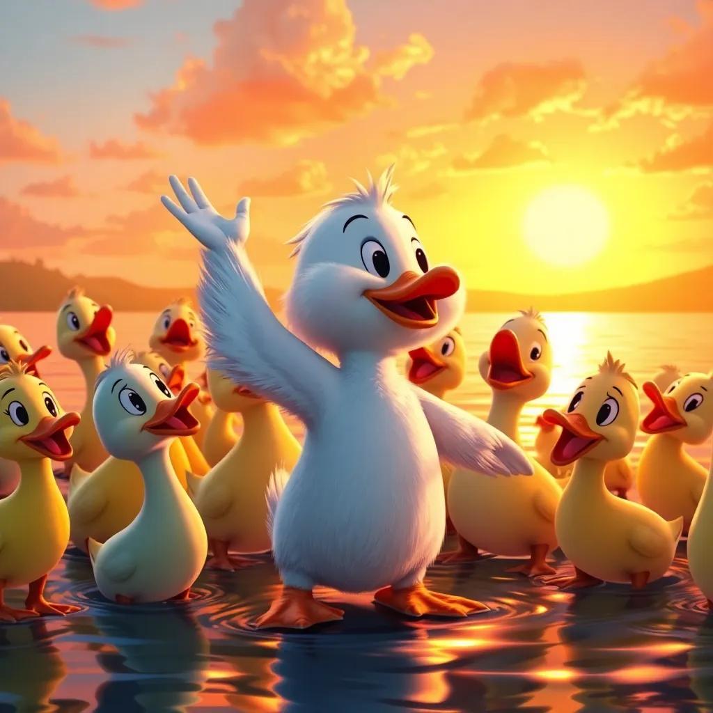 All ducks amazed at Pipo's bravery, surrounding him with smiles and laughter, a celebratory atmosphere on the lake, warm sunset colors, joyful scene