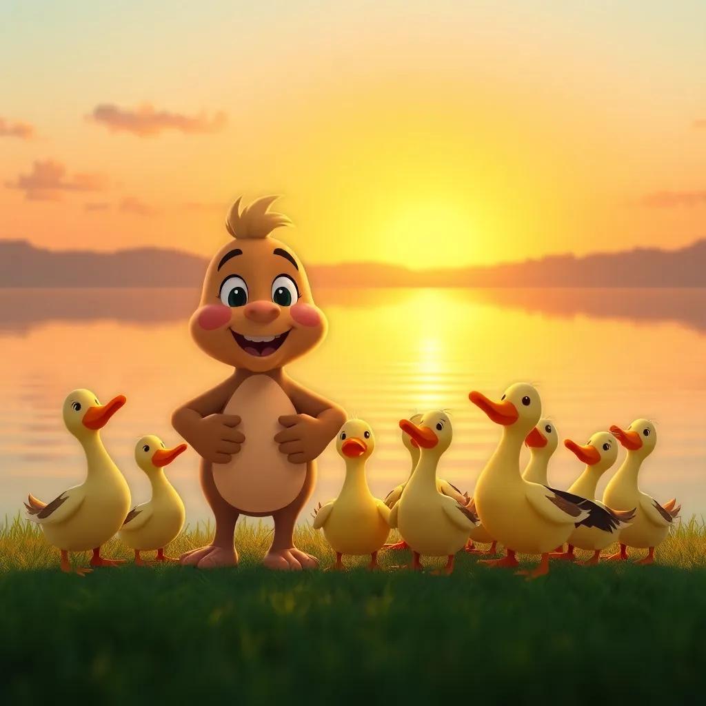 Pipo feeling proud with his friends at sunset by the lake, blending warm colors reflecting on the water, cheerful gathering of the ducks, heartwarming