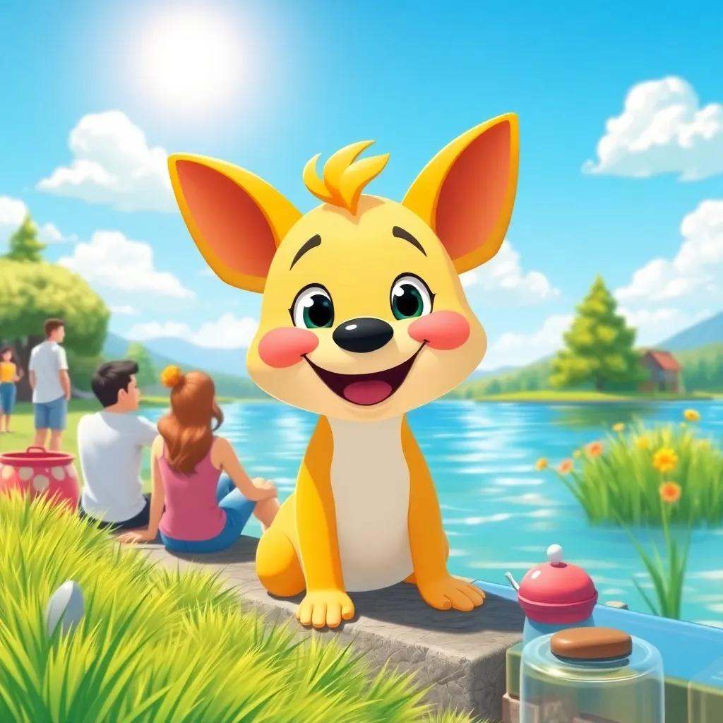 Pipo, happy and confident, enjoying a beautiful sunny day by the lake, surrounded by nature and friends, cheerful vibe, vivid and bright illustration