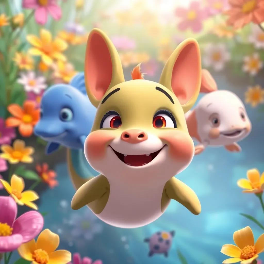 Pipo, looking cheerful and content, swimming happily back with his friends, colorful background of flowers and greenery, light and vibrant scene