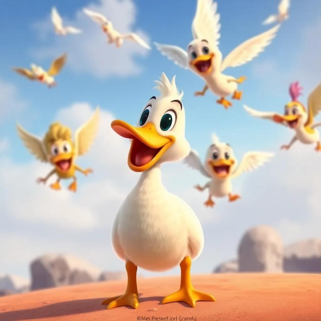 A beautiful scene of Pipo, the duck, in the foreground with a smile, his friends flying in the background, celebrating friendship, cartoon-style art, cheerful colors