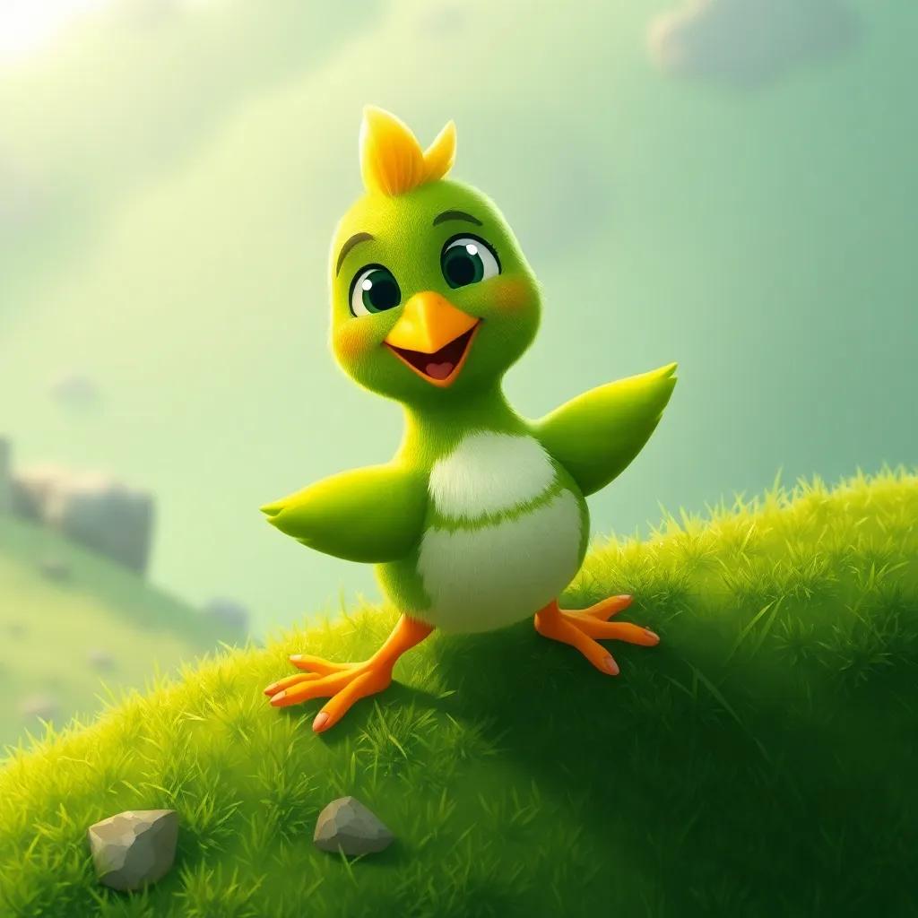 Pepe, un pato amigable, subiendo la colina verde emocionado, con un brillo en los ojos, naturaleza hermosa alrededor, illustration, playful, colorful, child-friendly