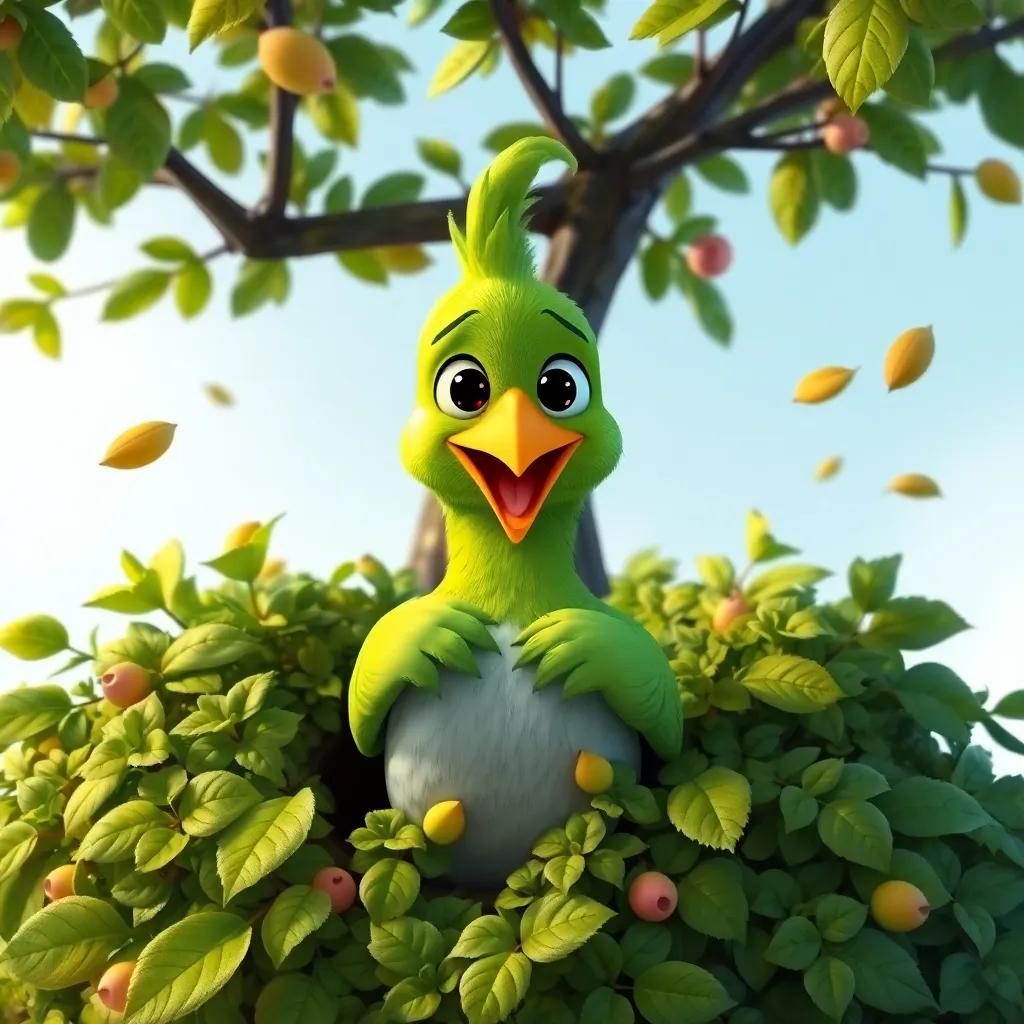 Pepe, un pato con cara de sorpresa, cayendo en un arbusto verde, con ramas y hojas volando a su alrededor, cartoon style, funny, vibrant, high quality