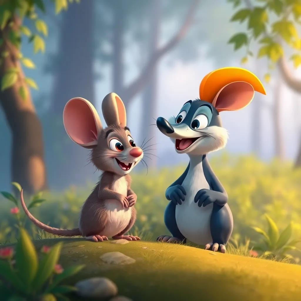 Rato, un ratón pequeño y curioso, hablando con Pepe el pato en la colina, con una gran sonrisa, en un bosque alegre, cheerful, colorful, friendly