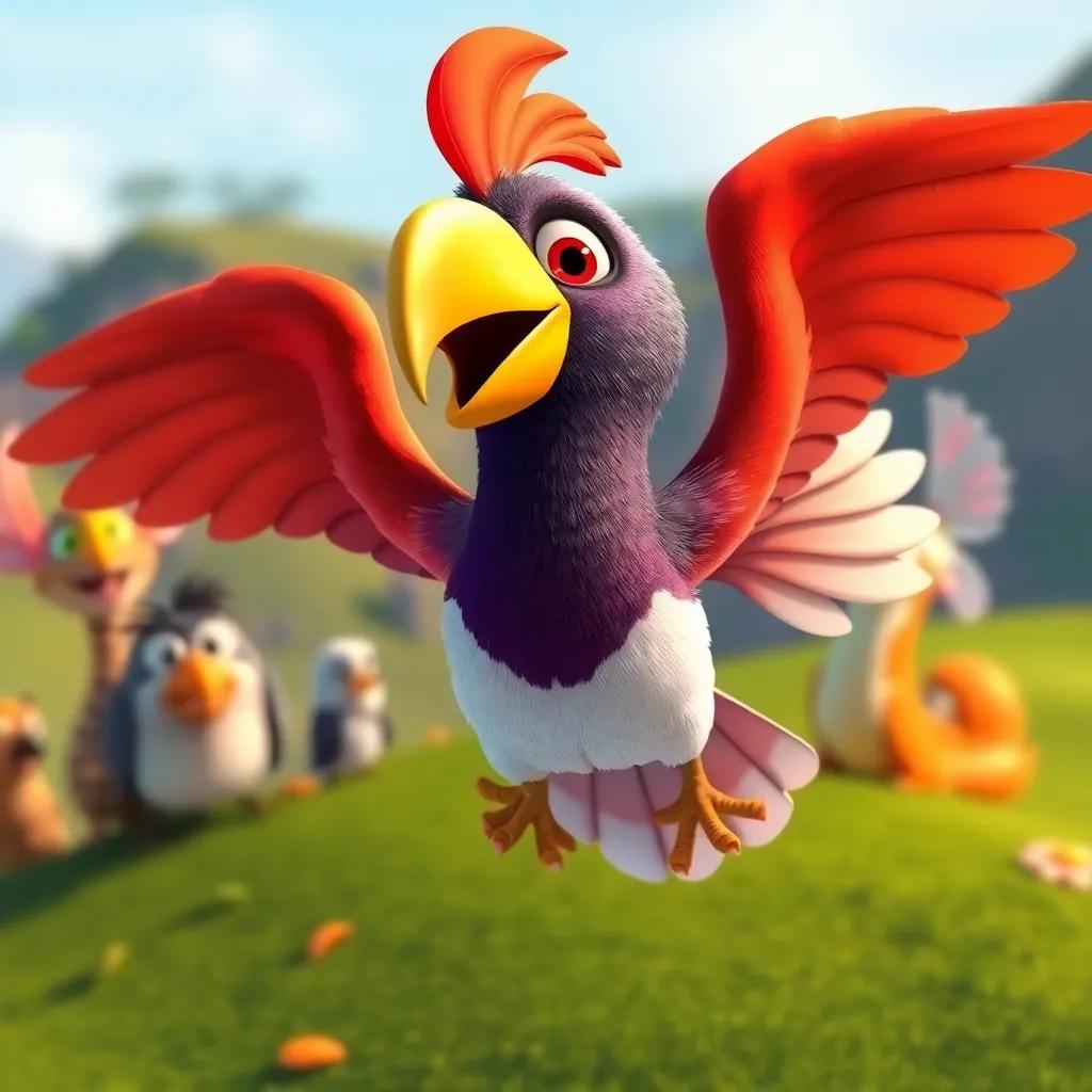 Pepe, un pato con alas de hojas, saltando de la colina con una gran sonrisa, flotando en el aire, alrededor de otros animales animados animándolo, bright colors, cheerful atmosphere, high quality