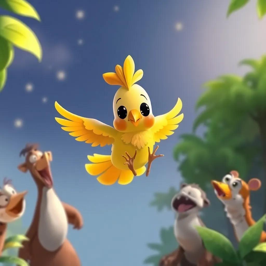 Pepe, un pato con alas de hojas, volando un poco en el aire, atrapando la atención de otros animalitos que lo observan emocionados, cartoon art, fun, colorful