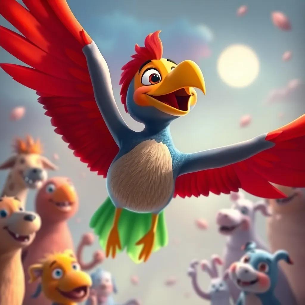 Pepe, un pato, con alegría en su rostro, volando más alto y recibiendo aplausos de todos los animales alrededor de él, dawn light, vibrant colors, heartwarming