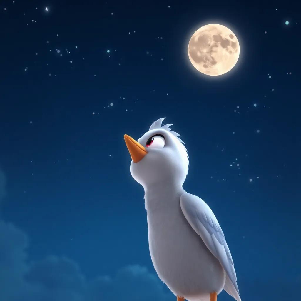 Pepe, un pato sonriente, mirando el cielo estrellado con sus alas brillando en la luz de la luna, sintiéndose orgulloso de ser único, digital art, dreamy, high quality