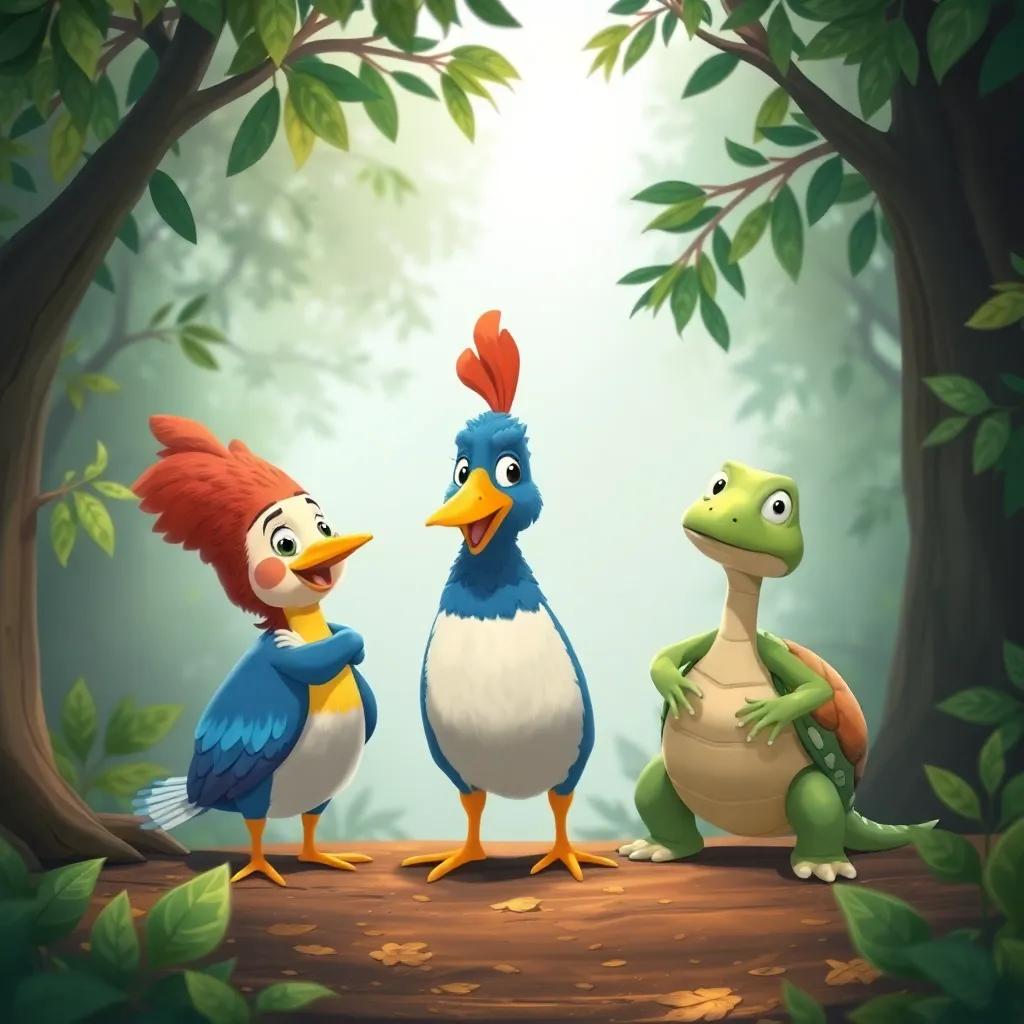Pablo, el pato valiente, con Ramón, un conejo marrón, y Tula, una tortuga verde, en un claro de bosque, haciendo alas de hojas y ramas, illustration, playful and collaborative mood, child-friendly