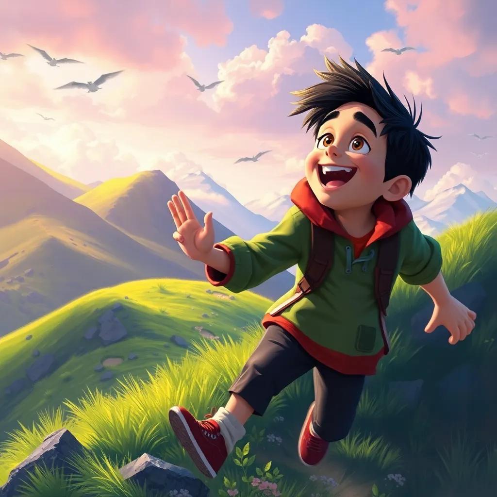 Pablo con alas improvisadas, subiendo una colina verde, luciendo emocionado y decidido, corriendo para saltar, digital painting, vibrant colors, inspiring atmosphere