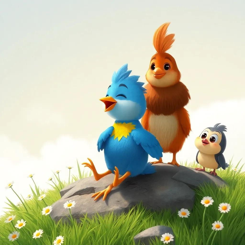 Pablo, el pato valiente, cayendo desde una colina, mientras sus amigos lo observan con preocupación, surroundings of green grass and flowers, illustration, sensitive and supportive vibe