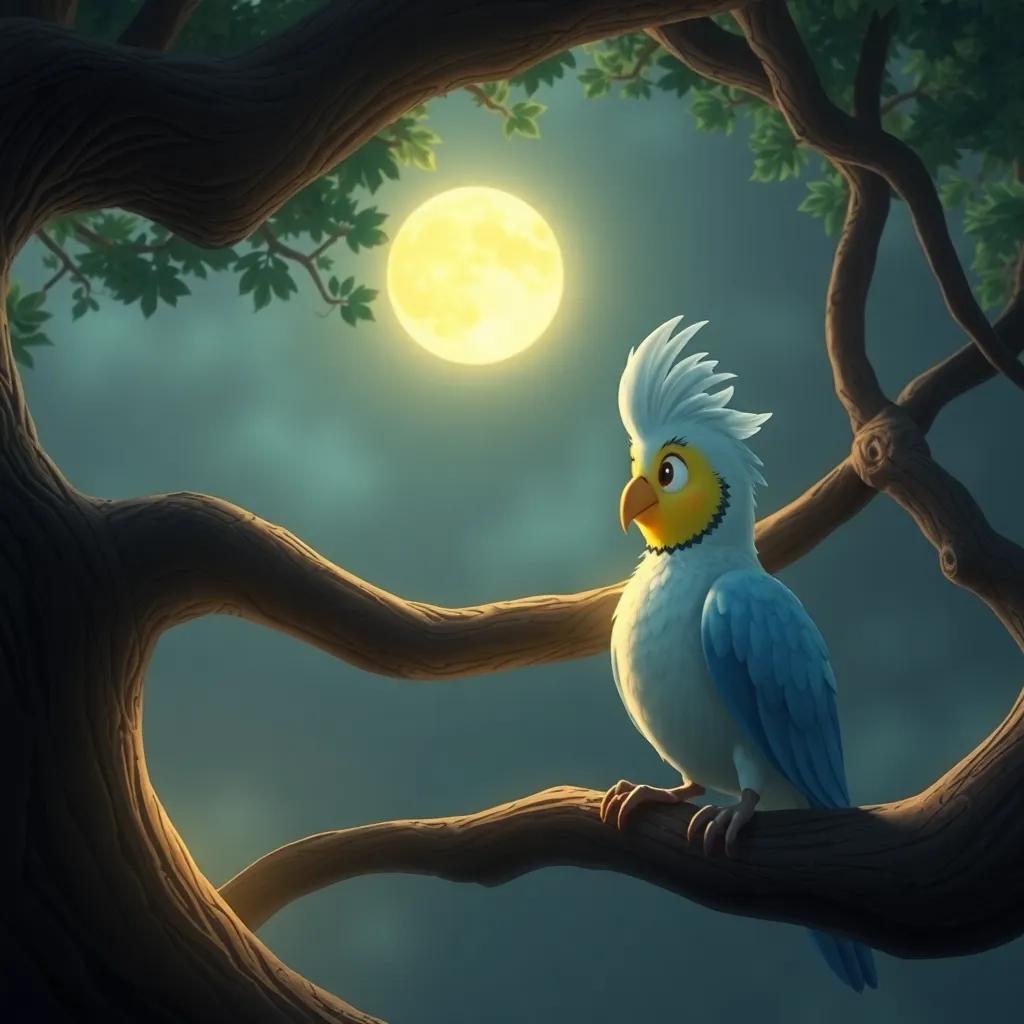 Pablo, el pato valiente, hablando con la sabia lechuza que tiene plumas grises, en un árbol grande, iluminado por la luna, digital art, mystical atmosphere, learning moment