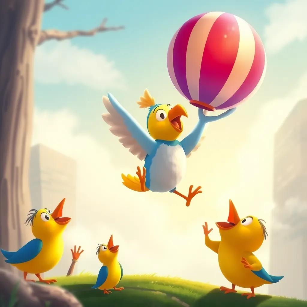 Pablo, el pato valiente, visualizando su salto en el aire, con un globo colorido, mientras sus amigos lo animan desde abajo, cheerful and uplifting art style, child-friendly