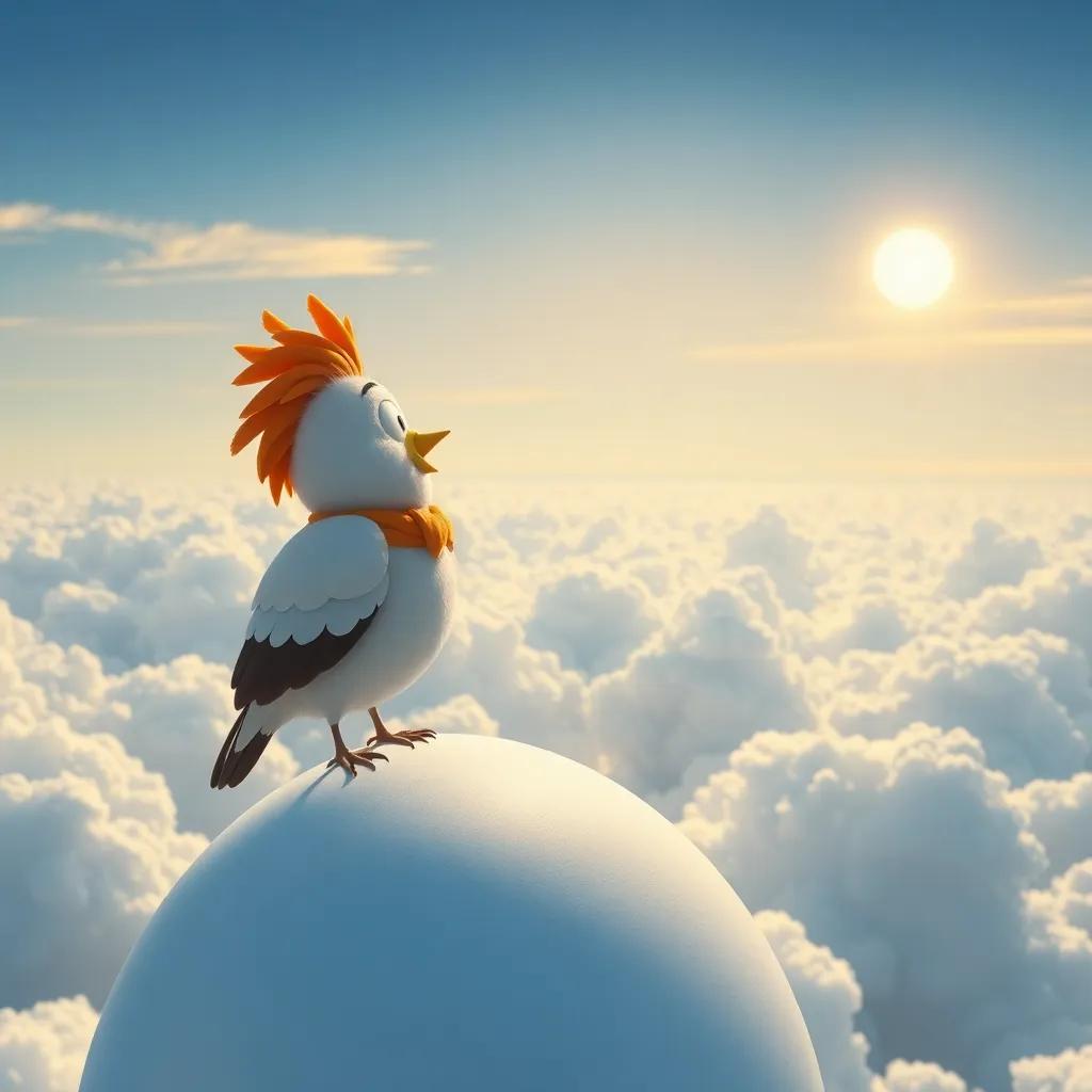 Pablo, el pato valiente sobre un globo grande, mirando el paisaje desde el cielo, con un fondo de nubes blancas y un sol brillante, digital painting, bright and happy atmosphere