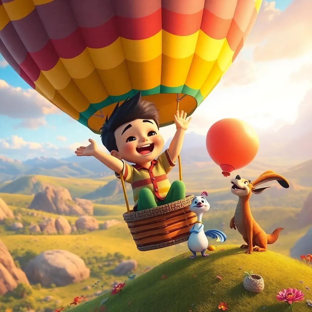 Pablo, volando en su globo, con sus amigos Ramón y Tula en la tierra, sonriendo y celebrando, colorful landscape, joyful celebration, heartwarming art