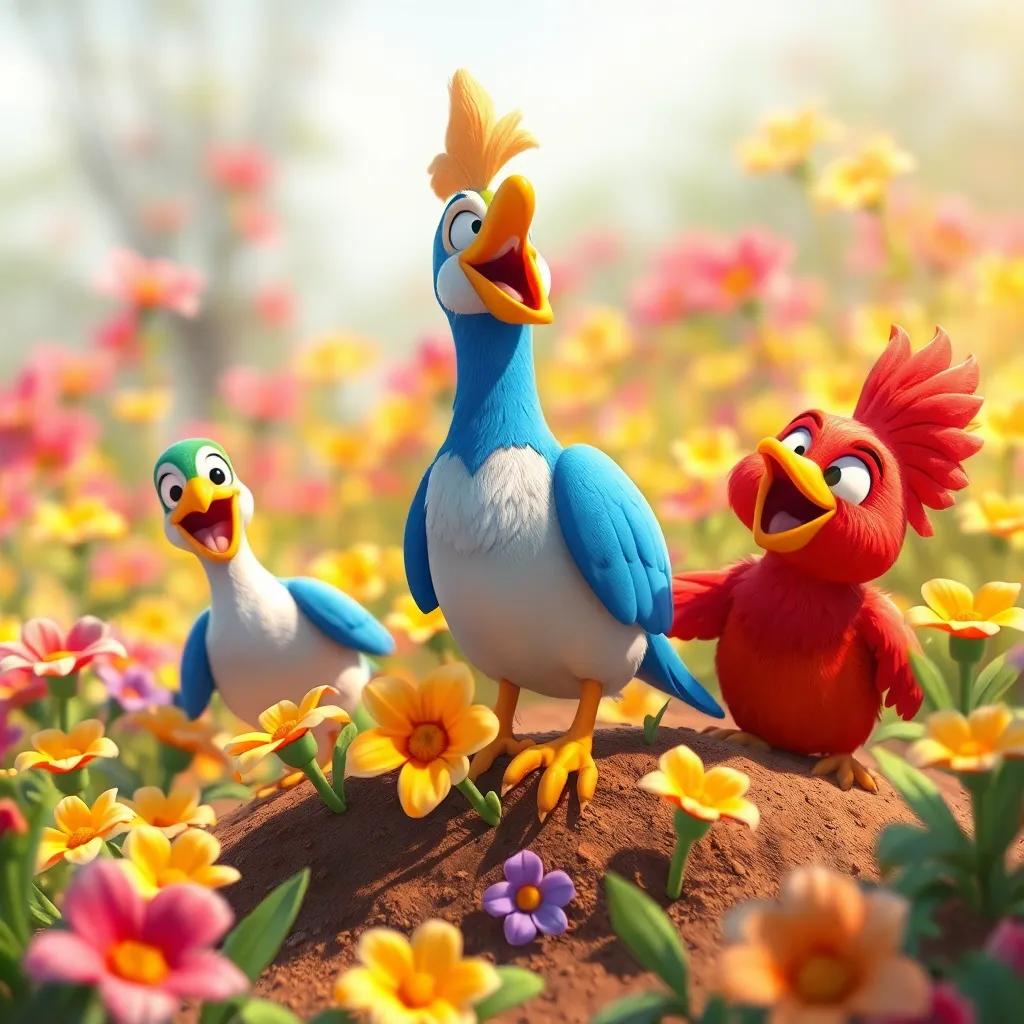 Pablo, el pato valiente, aterrizando en la tierra con una gran sonrisa, rodeado de sus amigos felices, en un entorno de flores coloridas, illustration, joyous and friendly scene