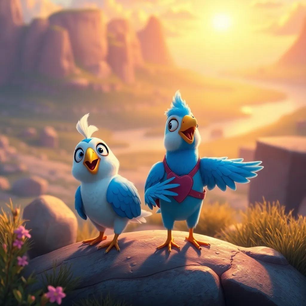 Pablo, el pato valiente, disfrutando juntos con Ramón y Tula, explorando su mundo, con paisajes hermosos y luminosos, digital painting, harmonious and cheerful vibe