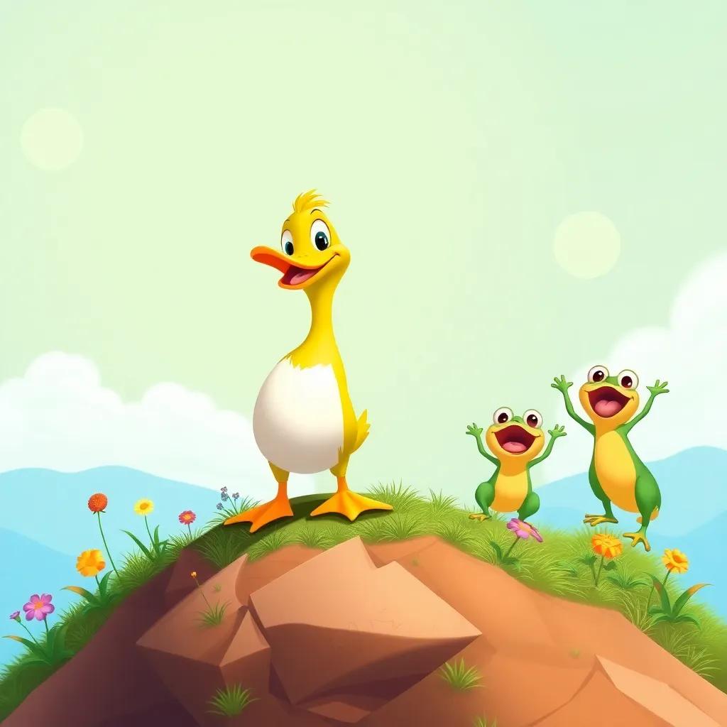 Diego the duck, standing on a hill with a big smile, ready to take a leap, colorful grass and flowers around him, excited frogs cheering, bright sun, illustration, joyful and adventurous, child-friendly