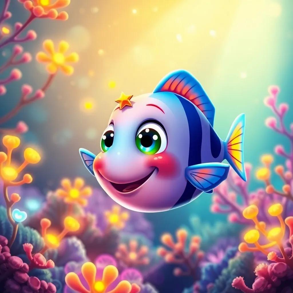 A whimsical astronomer fish with big sparkling eyes and a small star on its head, swimming happily near Pato in a vibrant coral forest with glowing plants around, child-friendly illustration, colorful and vivid, magical essence, warm light, captivating scene, high quality