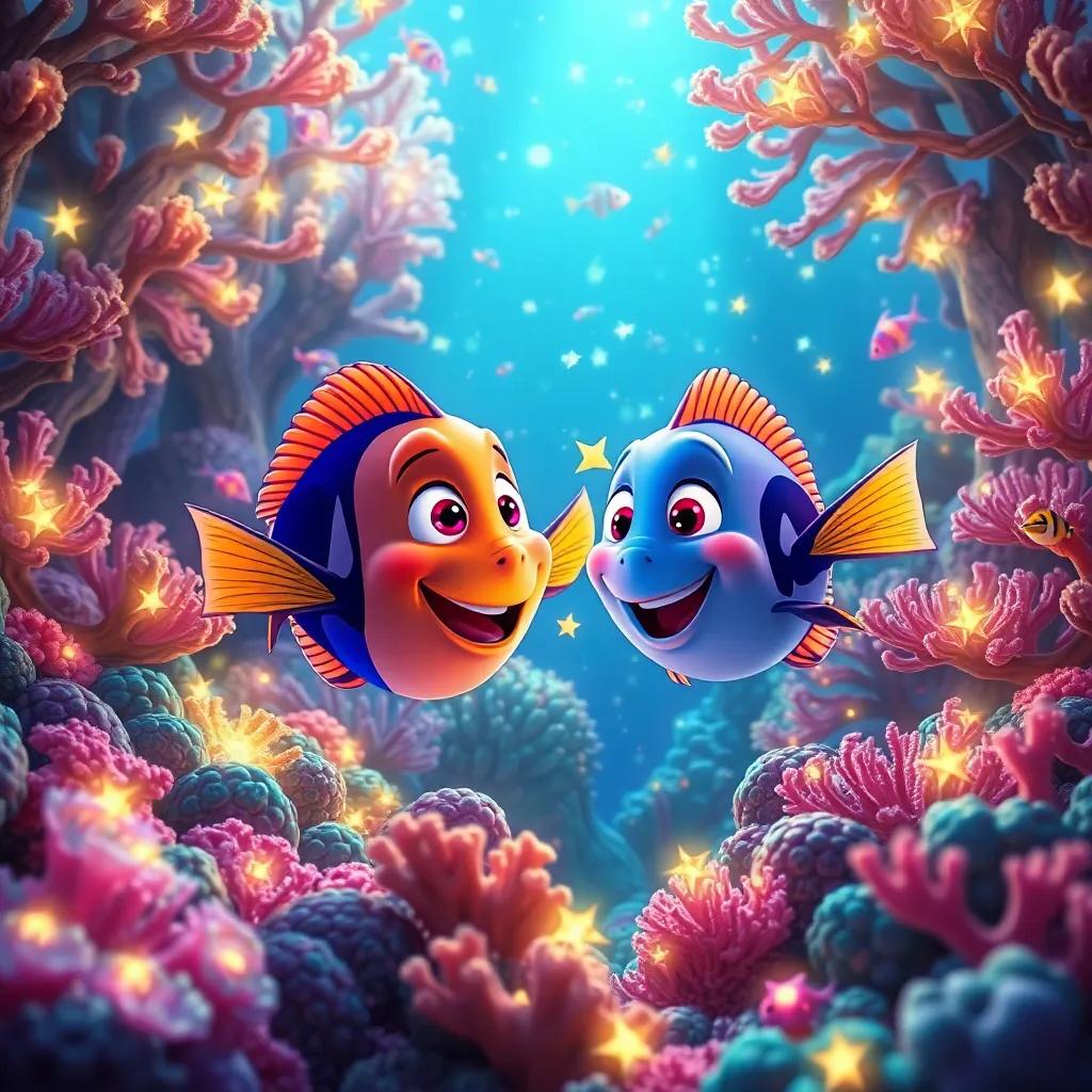 Pato and the astronomer fish playing in a magical coral forest that glows like stars, with various colorful fish around them, joyful and playful atmosphere, digital art, bright and cheerful colors, underwater, vibrant details, enchanting mood, high quality