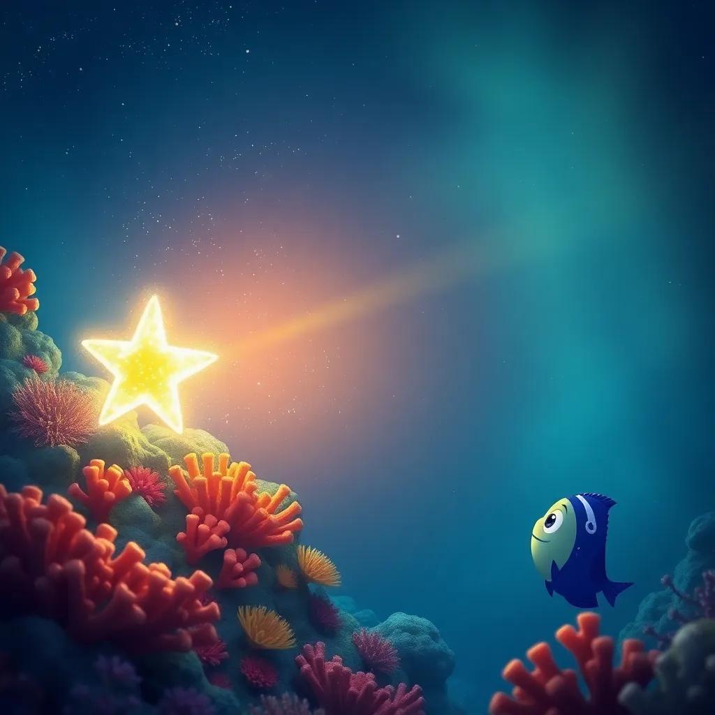 A shimmering magic star hidden in the coral, glowing brightly in the deep ocean, with Pato and the astronomer fish watching in wonder, fantasy illustration, radiant light, warm and inviting, mystical vibes, high quality