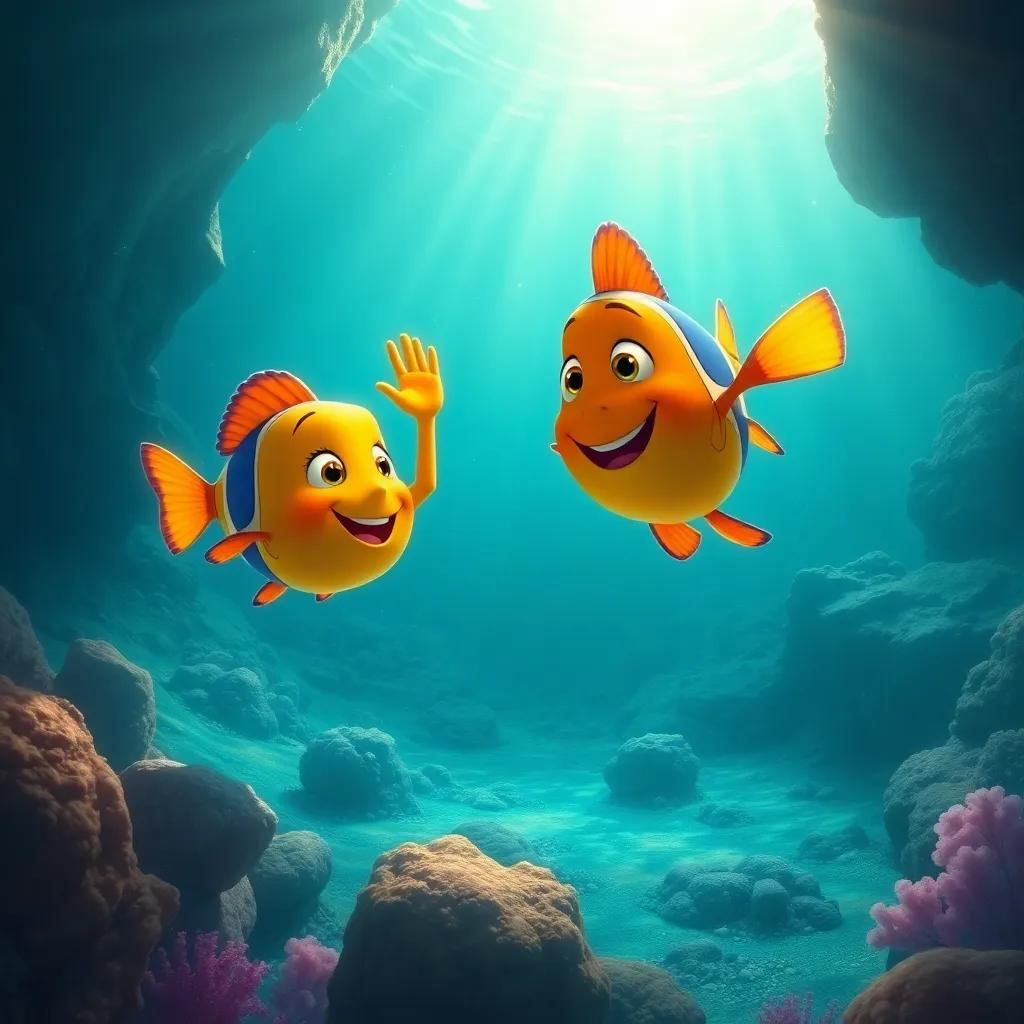 Pato leaving the underwater world, waving goodbye to the astronomer fish while swimming up to the surface, sunlight dancing on the water, joyful and heartwarming atmosphere, digital painting, bright and uplifting colors, charming view, high quality